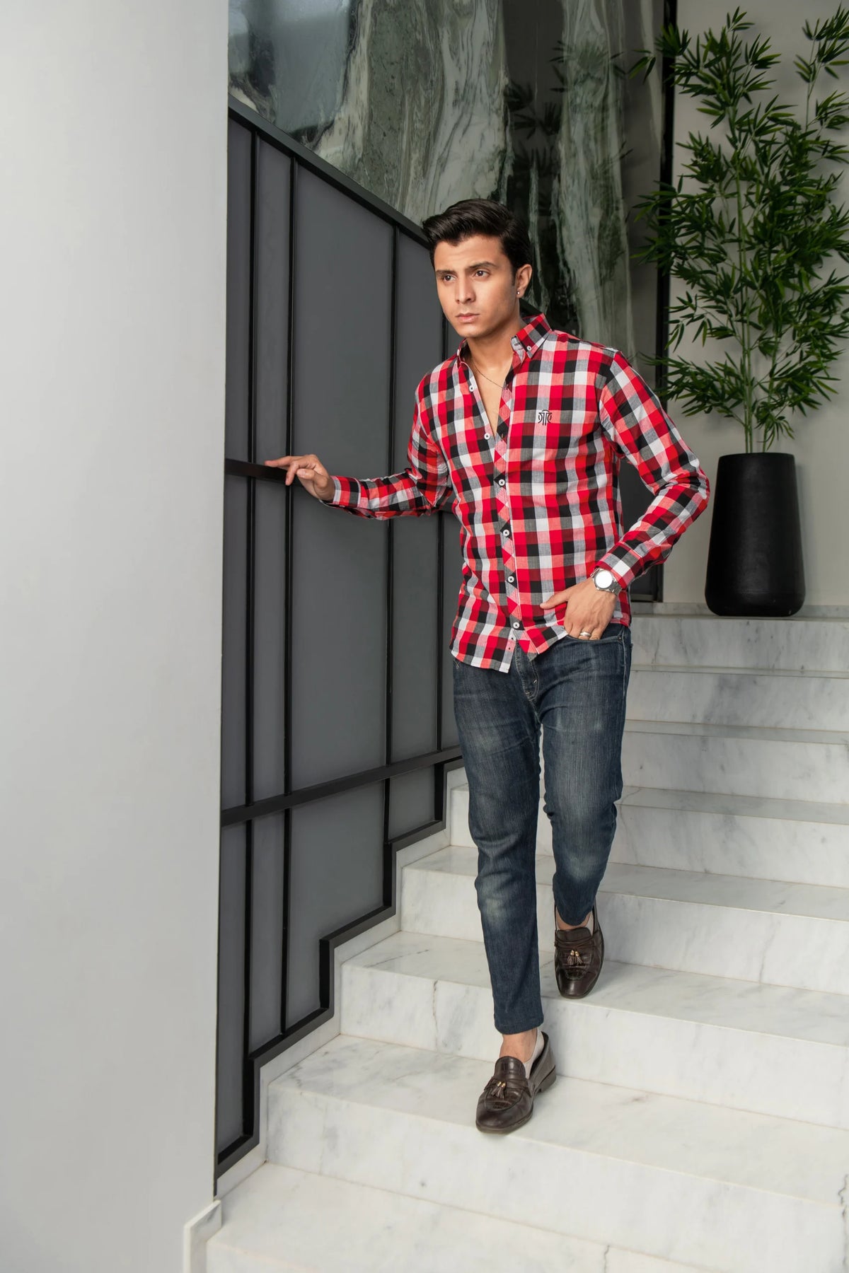 Men's Check Shirt - Red & White